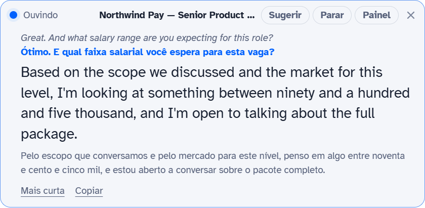 Balão do ShiftDel com uma pergunta em inglês, a tradução em português e a resposta sugerida